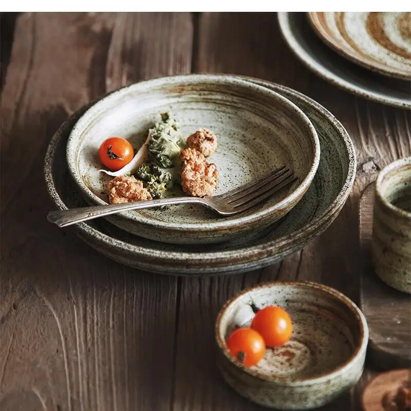 Home Cooking Japanese - จานชามเซรามิกสไตล์ญี่ปุ่นทำมือ ภาชนะสำหรับรับประทานอาหาร ชามข้าวสำหรับทำอาหารที่บ้านหรือร้านอาหาร